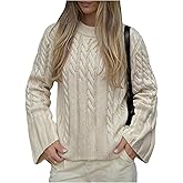 BEAUDRM Women's Cable Knit Sweater Crewneck Long Bell Sleeve Oversized Y2k Vintage Fall Winter Pullover Tops