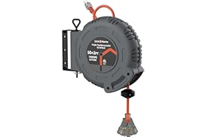 Link2Home 50 Ft. Auto Retractable Extension Cord Reel with 3 Grounded Outlets, Lighted Tripe Tap, 14AWG/ SJTOW with Overload Protection
