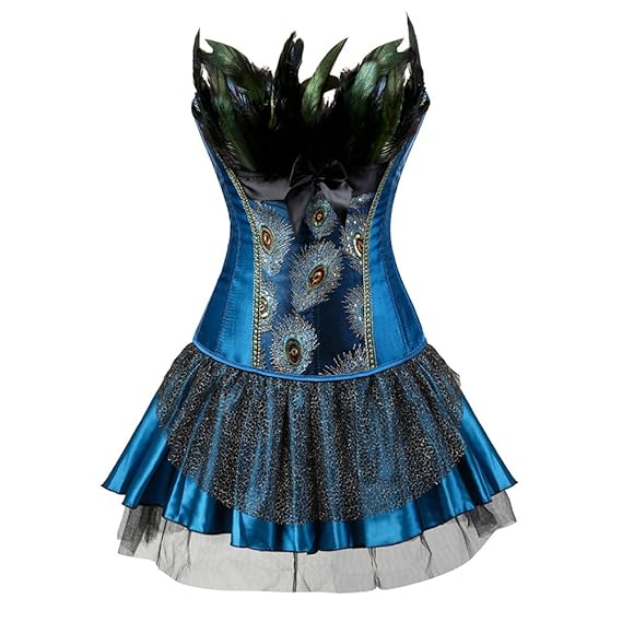 FeelinGirl Damen Gotik Corsagenkleid Bustier Vintage Korsage Corsage mit Rock Burlesque Petticoat Kostüme Pfau Pattern