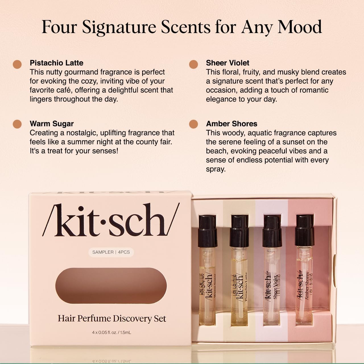 Kitsch Hair Perfume For Women (Discovery Set) - Pistachio Latte, Warm Sugar, Sheer Violet & Amber Waves - Patented Odor-Eliminating Technology, Hair Spray and Body Mist - 4 x 1.5mL
