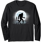 Bigfoot Fishing Funny Sasquatch and Fish Night Fishing Long Sleeve T-Shirt