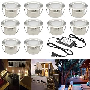 FVTLED Low Voltage LED Deck Lighting Kit Stainless Steel Waterproof Outdoor Landscape Garden Yard Patio Step Decoration Lamps LED In-ground Lights, Pack of 10(Warm White)