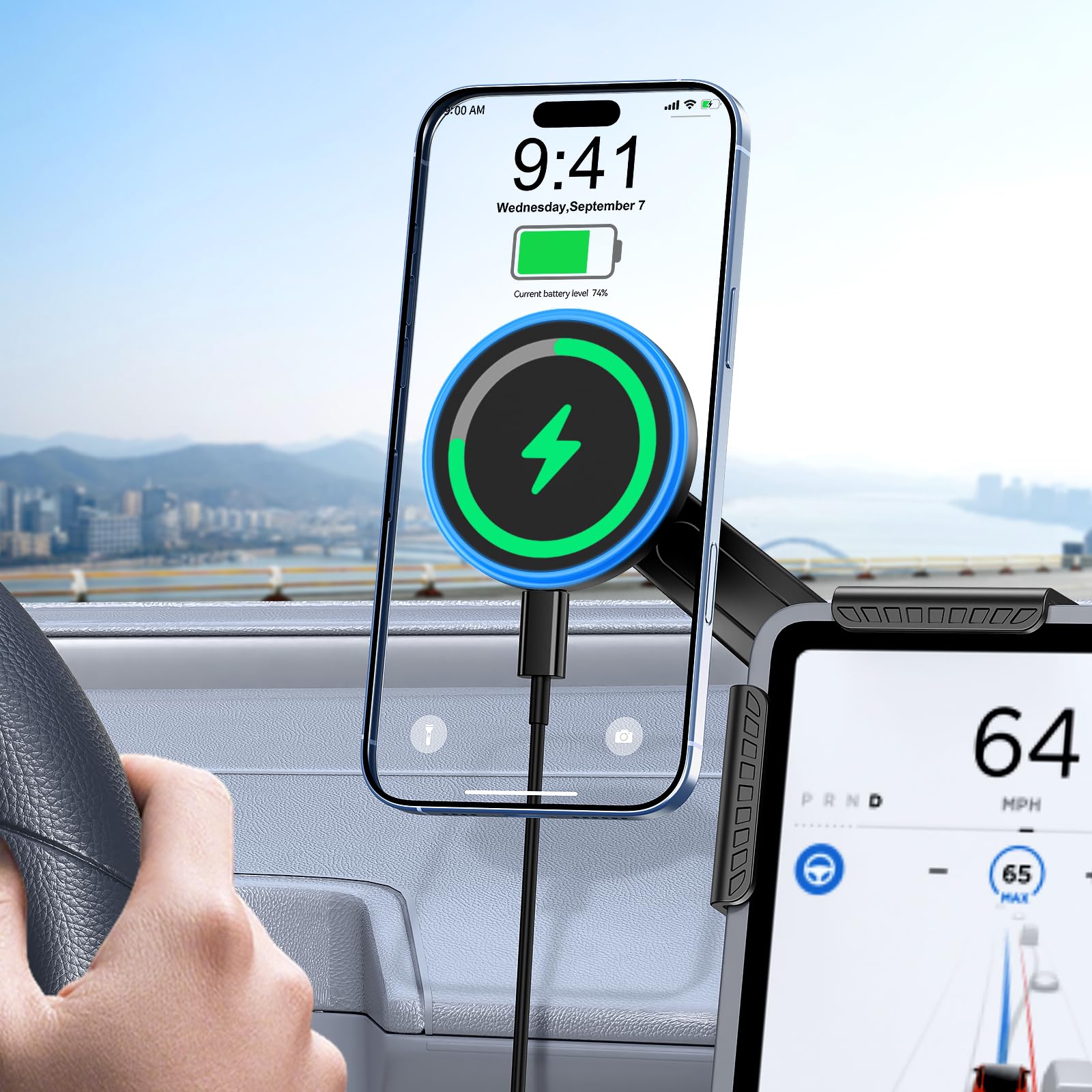 Photo 1 of Tesla Car Mount Charger, [Heat Restriction] [LED RGB HandsFree] Wireless Car Phone Holder Charger, Magnetic Phone Holders for Your Car for Tesla Model Y/3/S/X Screen for 17/16/15/14/13/12 Series