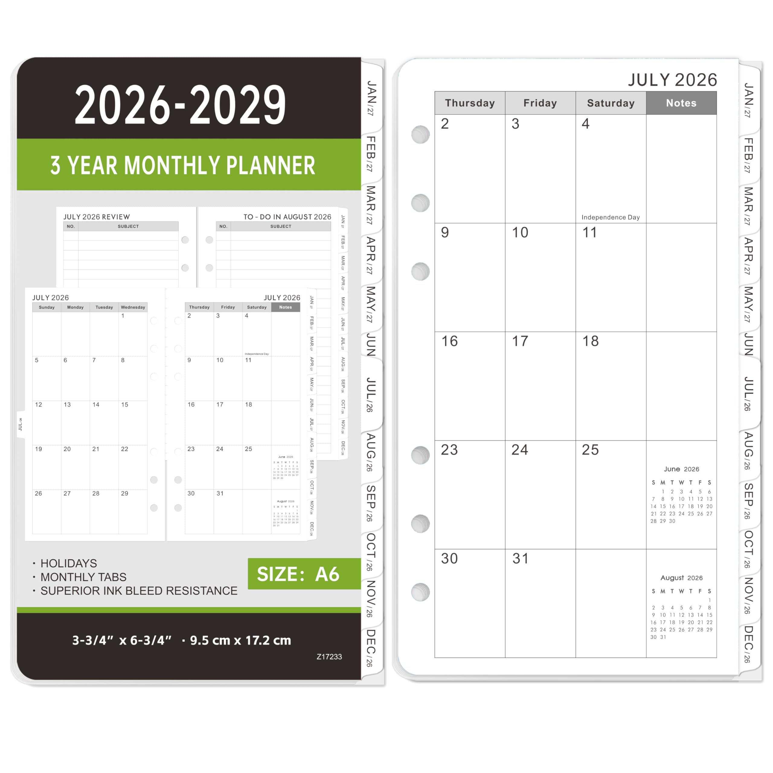 Photo 1 of 2026-2029 Monthly Planner Refill - A6 Size, Planner Inserts with 6-Hole Punched, July 2026 - June 2029, Two Pages Per Month, 2026-2029 Monthly Calendar with Tabs