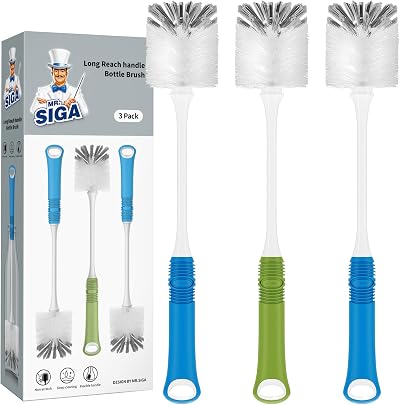 MR.SIGA Long Handle Bottle Brush Set of 3 Nylon Bristle 5.5cm Head