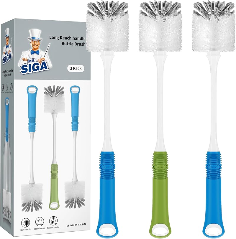 MR.SIGA Long Handle Bottle Brush Set of 3 Nylon Bristle 5.5cm Head