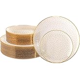 Lullaby 100PCS Clear Plastic Plates with Gold Rim, Includes 50pcs Dinner Plate 10” and 50pcs Dessert Plate 7”, Disposable Heavyduty Plates for Birthdays, Parties and Wedding