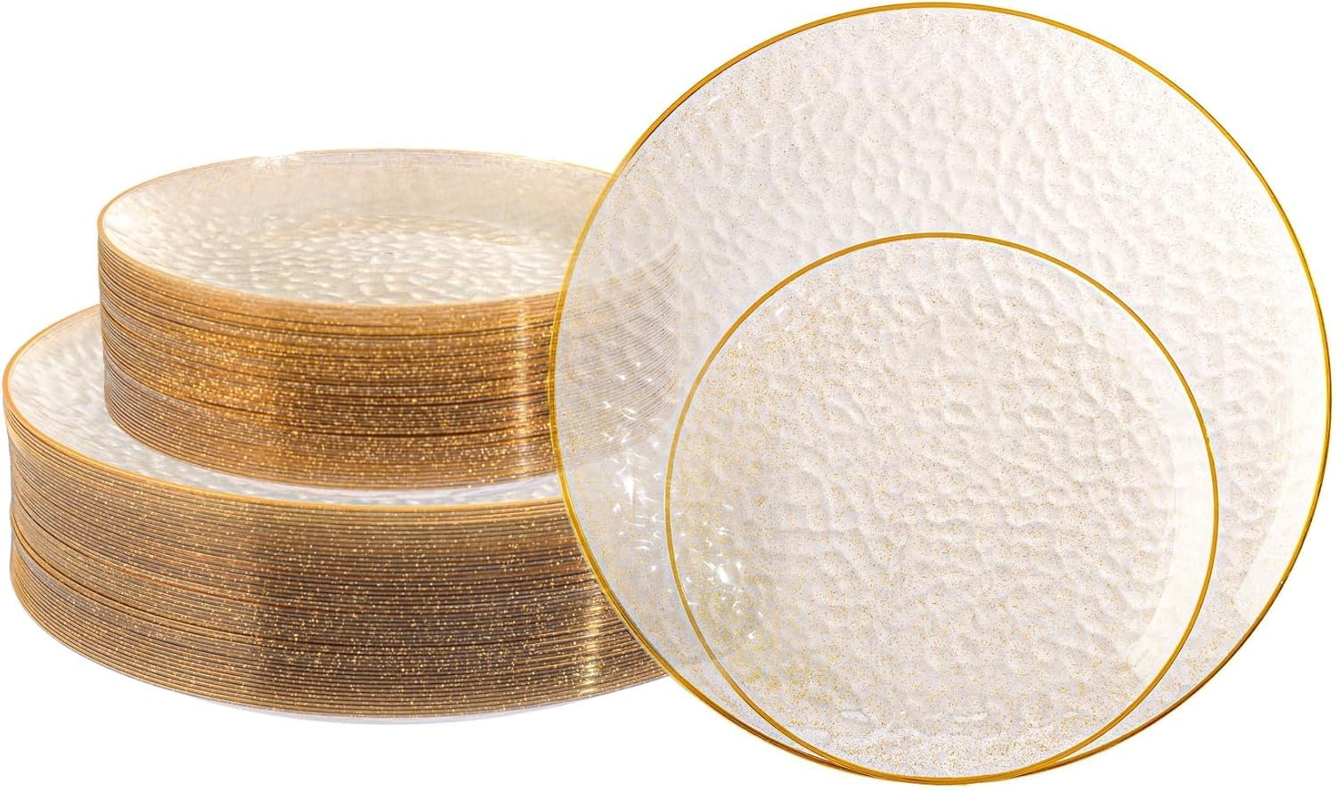 Photo 1 of Lullaby 100PCS Clear Plastic Plates with Gold Rim, Includes 50pcs Dinner Plate 10” and 50pcs Dessert Plate 7”, Disposable Heavyduty Plates for Birthdays, Parties and Wedding