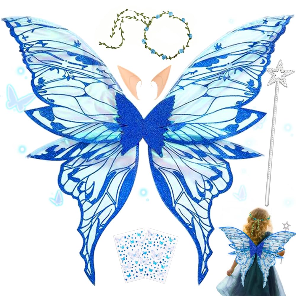 MEISHANG Adult Fairy Wings, Elf Wings with Elf Eyes, Fairy Wings Set, Flowers - Headband, Stars Fairy Sticks and Stickers, Ideal for Cosplay, Parties and Fancy Dress (Blue)