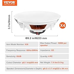 VEVOR 4 PCs 8 Inch in Ceiling Speakers, 400W Flush