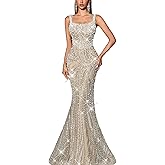 VOUIAO Women's Square Neck Sequin Beaded Mermaid Formal Evening Dress Spaghetti Strap Bodycon Prom Party Cocktail Maxi Gown