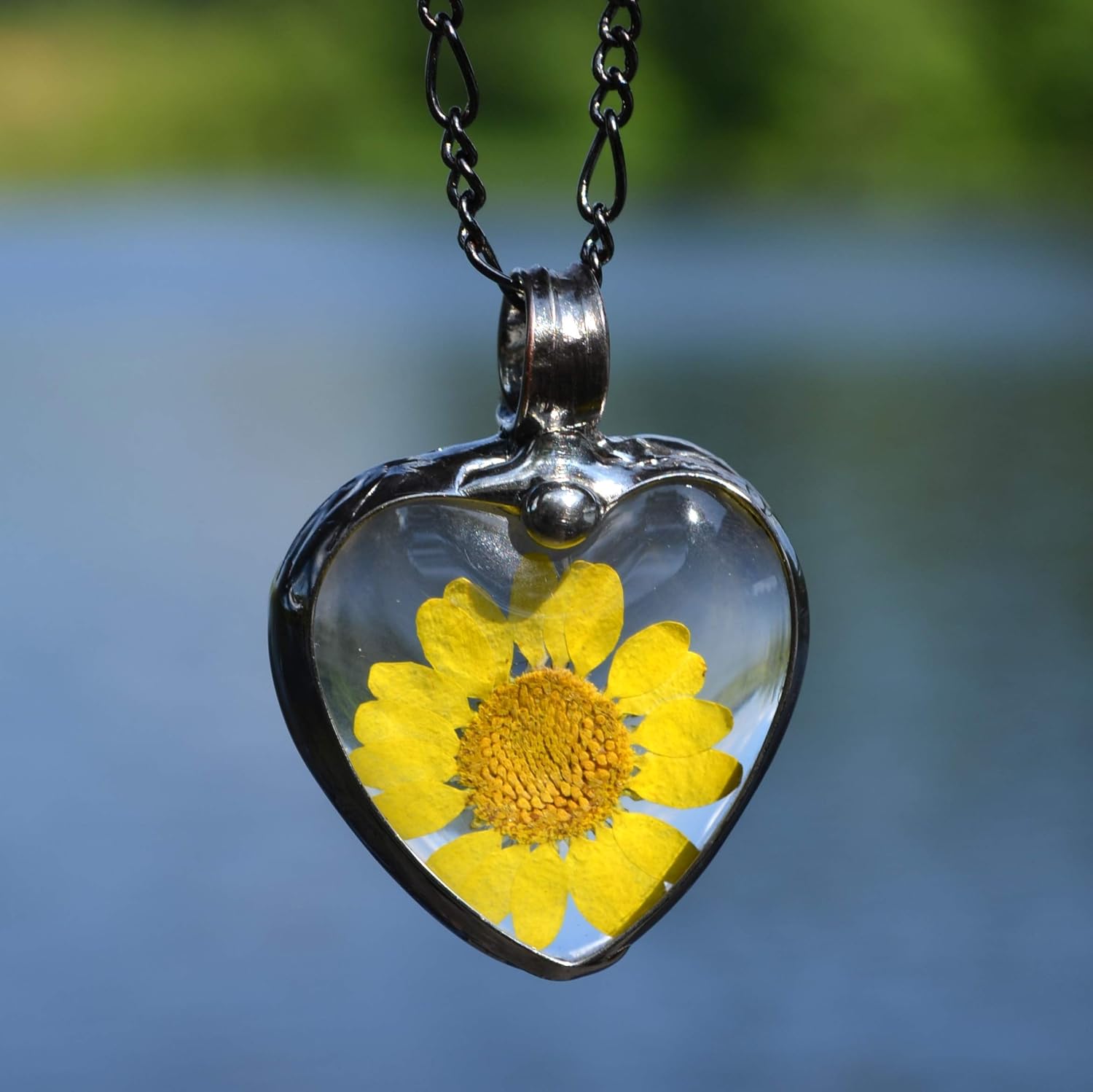 Large Sunflower Heart Necklace, Real Dry
