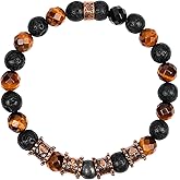 KARMA AND LUCK - Streak of Luck - Genuine Tiger's Eye Lava Stones Bracelet for Men with Antique Bronze Card Suit Charms. Ready to Gift for Him. Size: 7.5" stretch.