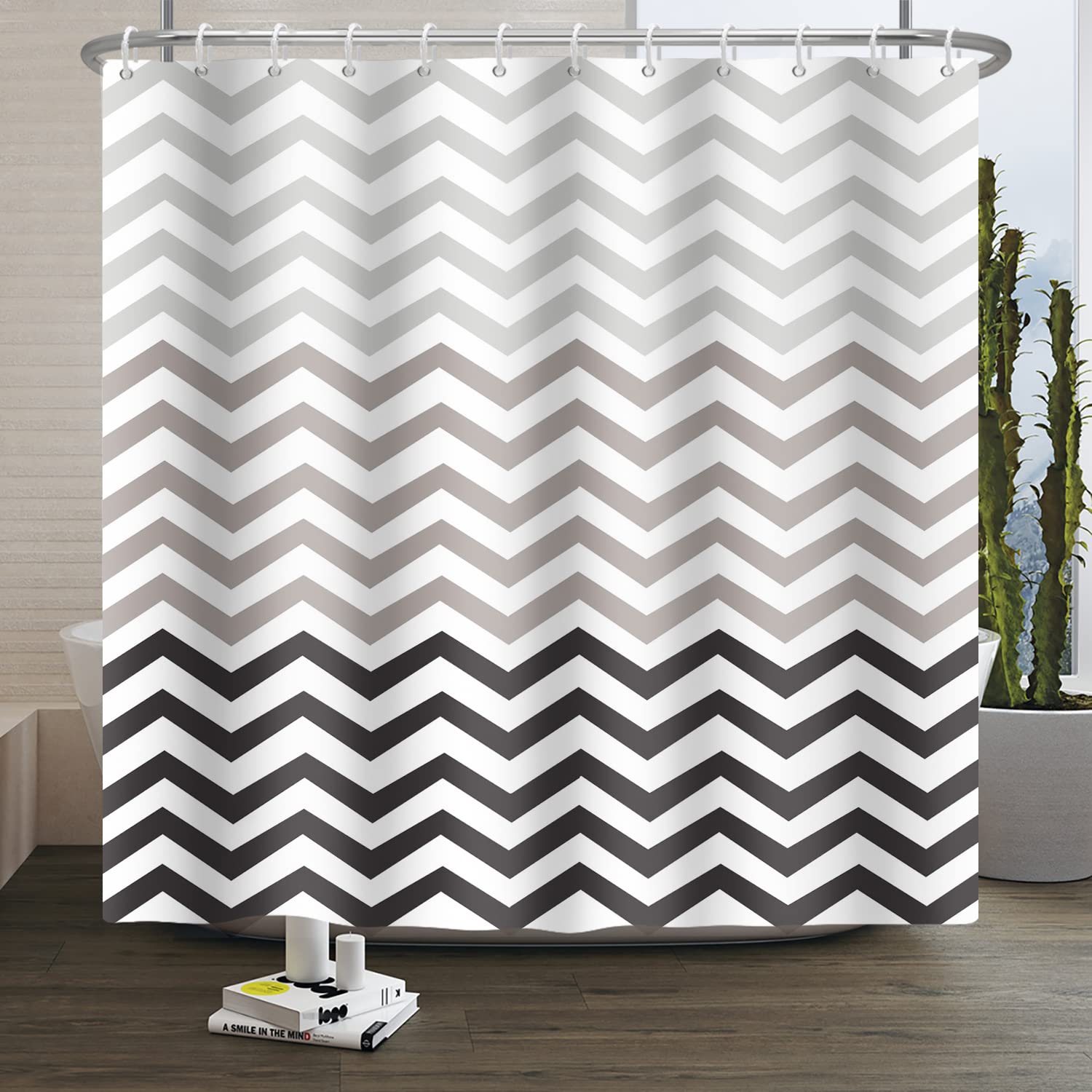 SDOTPMT 90x183cm Wave Stripe Shower Curtain Grey White Horizontal Wavy Zigzag Bath Curtain Abstract Geometric Bathtub Curtain for Kids Bathroom Decor Fabric Polyester Waterproof with Hooks