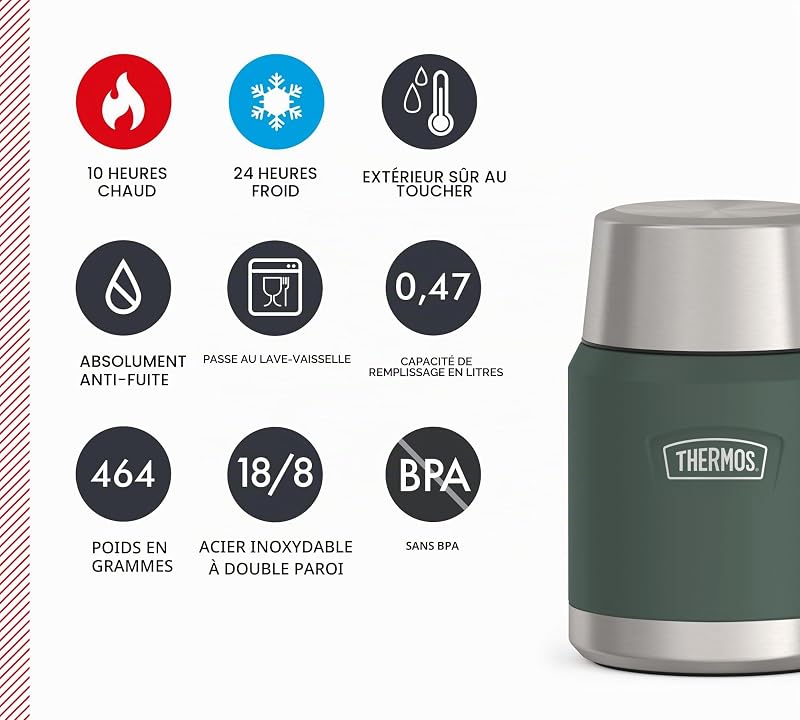 Icon Food Jar Pot alimentaire en acier inoxydable 18/8 à double paroi Vert mat/forêt avec cuillère pliable et fond antidérapant 0,47 l — photo 6 sur 6