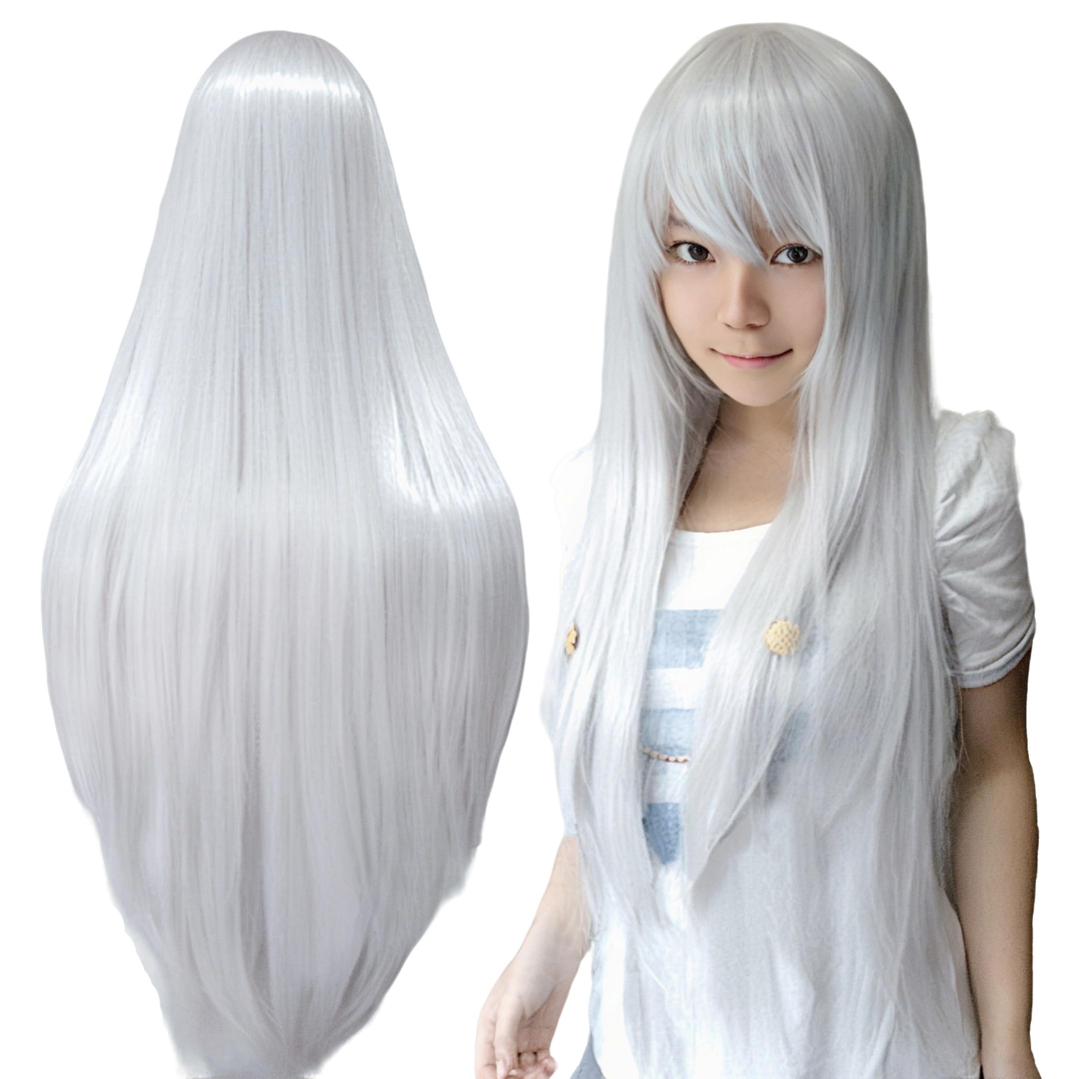 IMISSU 80cm Long Straight Natural Hair Cosplay Wigs with Bangs Colorful Halloween Costume Party Wig for Women (Sliver White)