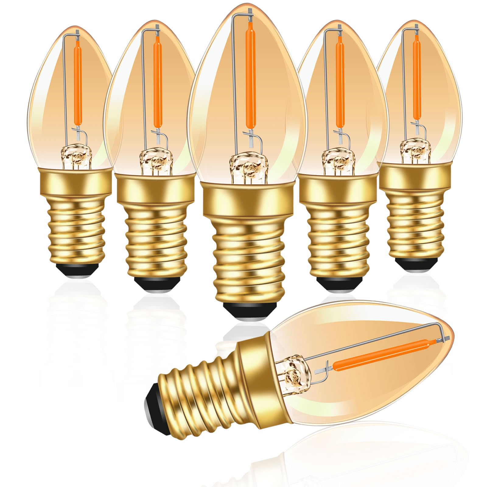 Caldarax 0.5W E14 Mini LED Vintage Night Light Bulb, C7 LED Filament Candle Bulbs Amber Ultra Warm White 2200K E14 SES Small Edison Screw Salt Lamp Bulbs, 5 Watt Equivalent, Non Dimmable, 6 Pack