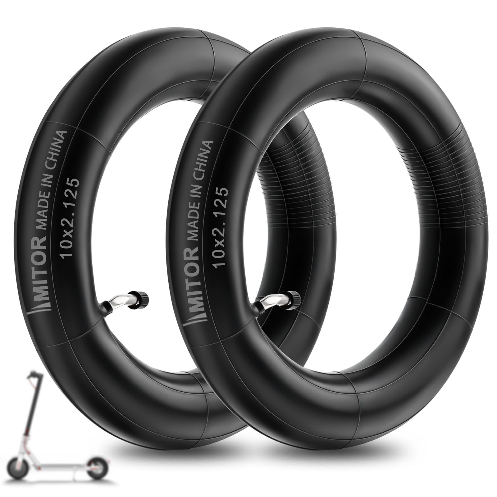 Amitor 10x2.125 Inner Tubes, 10 Inch Thickened Inflatable Replacement Inner Tube with Silver Valve 45°, Highly Elastic Butyl Rubber Electric Scooter Inner Tube 10x2.125 for Ninebot F20/F30/F40, 2PCS
