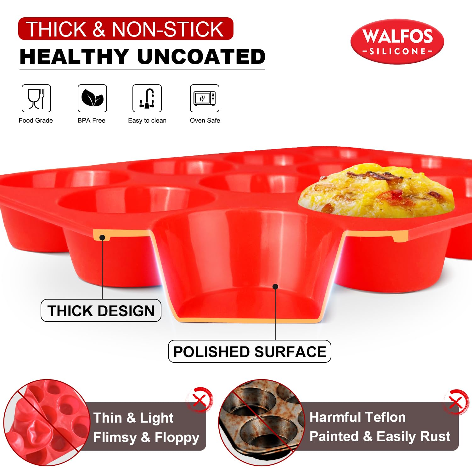 Walfos Silicone Muffin Pan - 12 Cups Regular Silicone Cupcake Pan, Non-stick Great for Making Muffin Cakes, Tart, Bread - BPA Free and Dishwasher Safe