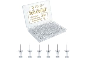 Ferdo Stylo Clear Push Pins, 300 Pack, Plastic Head, Steel Point, Map Tacks, Standard Clear Thumb Tacks for Wall Hangings, Bu