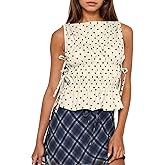 calbatic Women Polka Dot Sleeveless Peplum Tops Side Bow Tie Ruched Smocked Tank Tops Boat Neck Summer Going Out Shirts