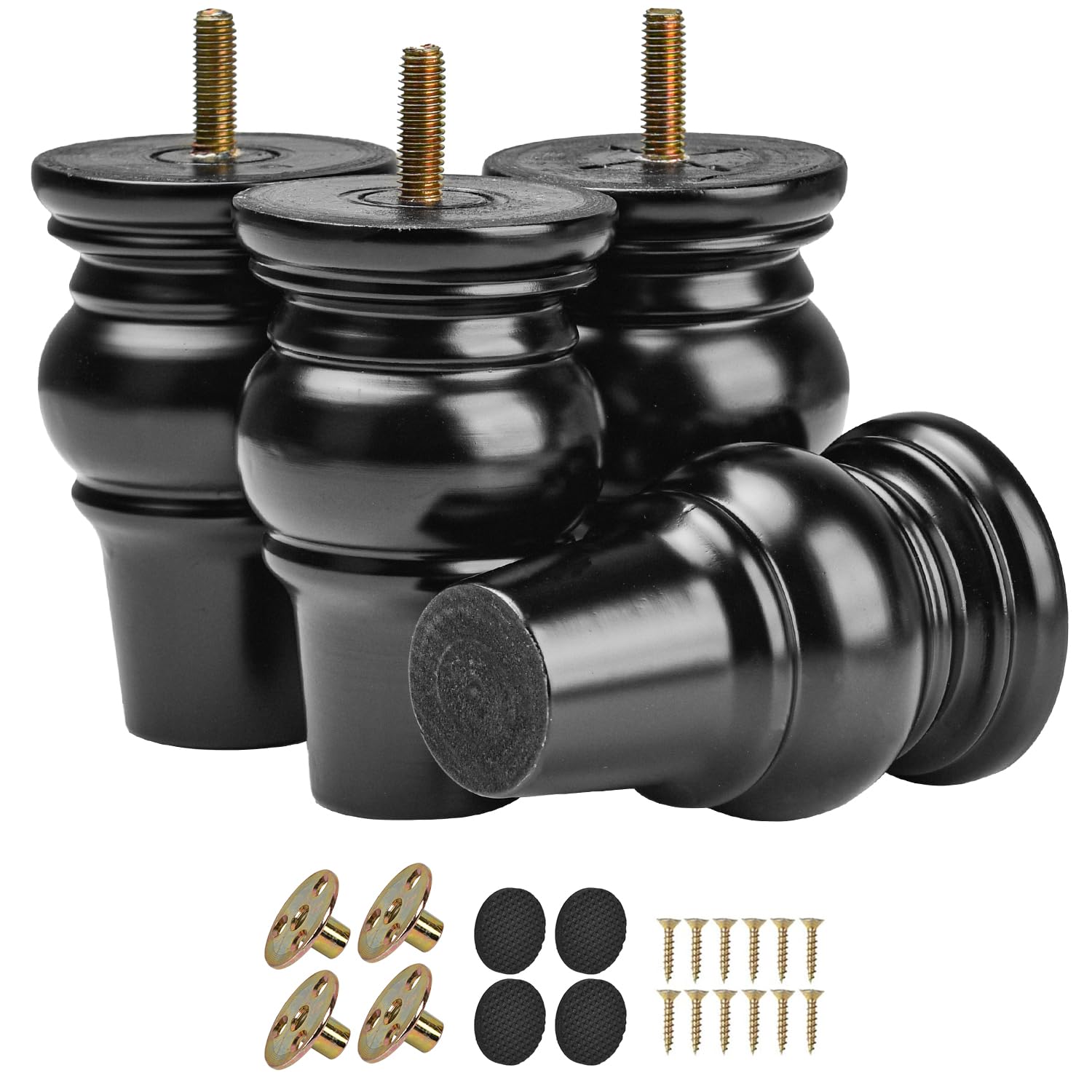 TCHOSUZ 4 Inch Wooden Furniture Legs (10cm) Set of 4 Solid Hardwood Replacement Feet for Sofa, Couch, Chair, Ottoman, Dresser, Cabinet, Coffee Table - M8 Predrilled Screw Holes - Black — image 1
