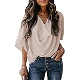 yoeasy Women's Loose Draped Cowl Neck Short Sleeve Chiffon Blouse Solid Casual Elegant Top