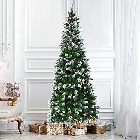 Amazon Com Spsupe Artificial Pencil Christmas Snow Flocked Tree With Metal Stand Pine Cones Decoration Ideal For Festival Indoor Outdoor Decor 5 Ft Green Home Kitchen 5 Foot Flocked Pencil Christmas Tree
