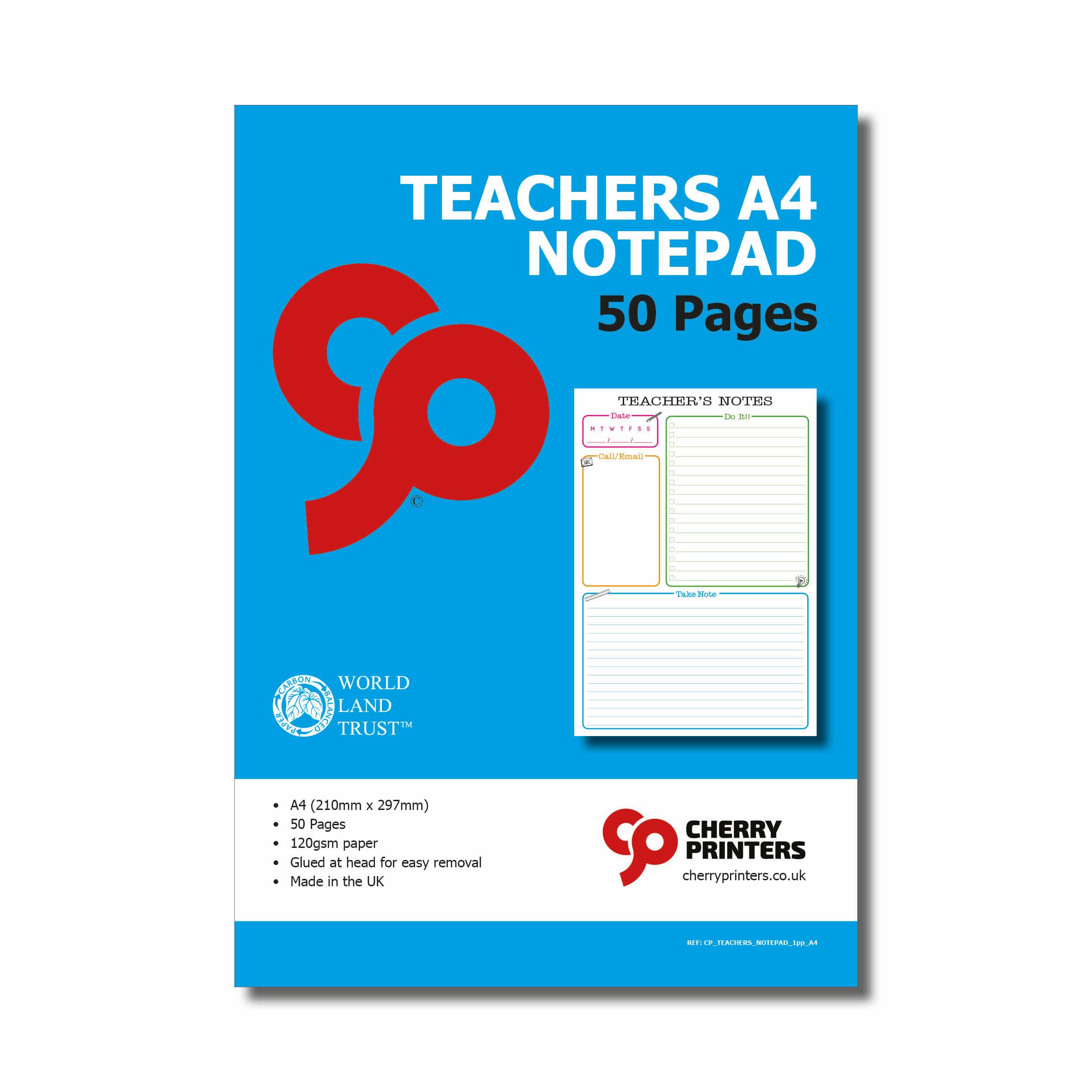 Cherry Teachers A4 Notepad | 50 Pages | 120gsm Paper | Glued at Head for Easy Removal | Perfect for Notes & To-Do Lists