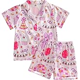 Hekkomird Toddler Girl Summer Pajamas Set Bow Print Lapel Short Sleeve Button Down Shirt Elastic Shorts Kids Pjs Sleepwear
