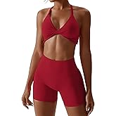 ABOCIW Workout Sets for Women 2 Piece Twist Front Halter Sports Bras High Waist Biker Shorts Exercise Gym Yoga Outfit