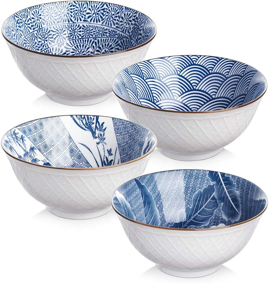 Y YHY Cereal Bowls/Soup Bowls, Ceramic 709ml Bowl Set for Salad and Pasta, Assorted Blue White Patterns, 15 x 7.5cm, Set of 4
