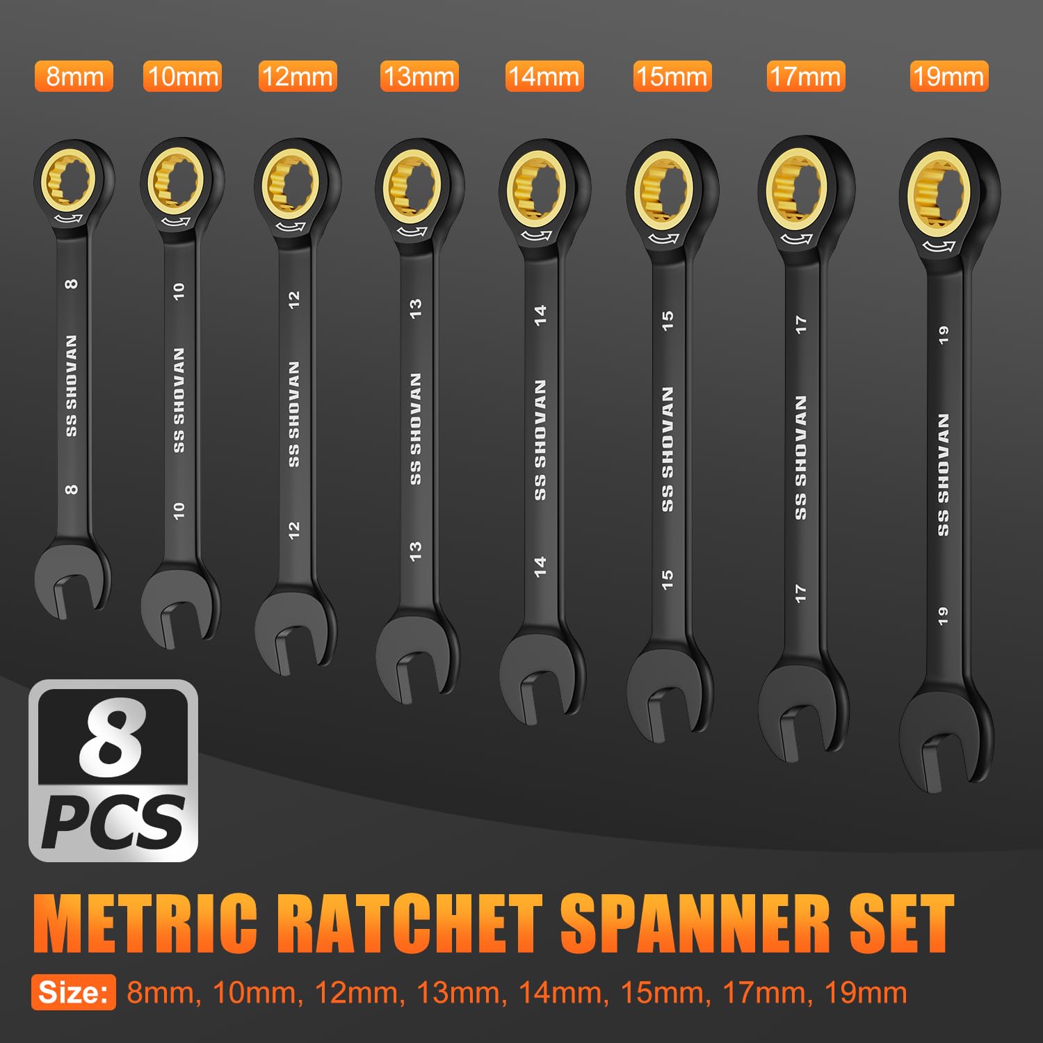 ss shovan 8TLG Ratschenschlüssel Set 8-19 mm, Ringmaulschlüssel Maulschlüssel Set mit 72 Zähne, Cr-V mit Aufbewahrungsbox, Metrisch Größe 8, 10, 12, 13, 14, 15, 17, 19mm 2