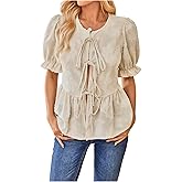 SweatyRocks Women's Bow Tie Front Blouses Ruffle Half Sleeve V Neck Textured Peplum Tops