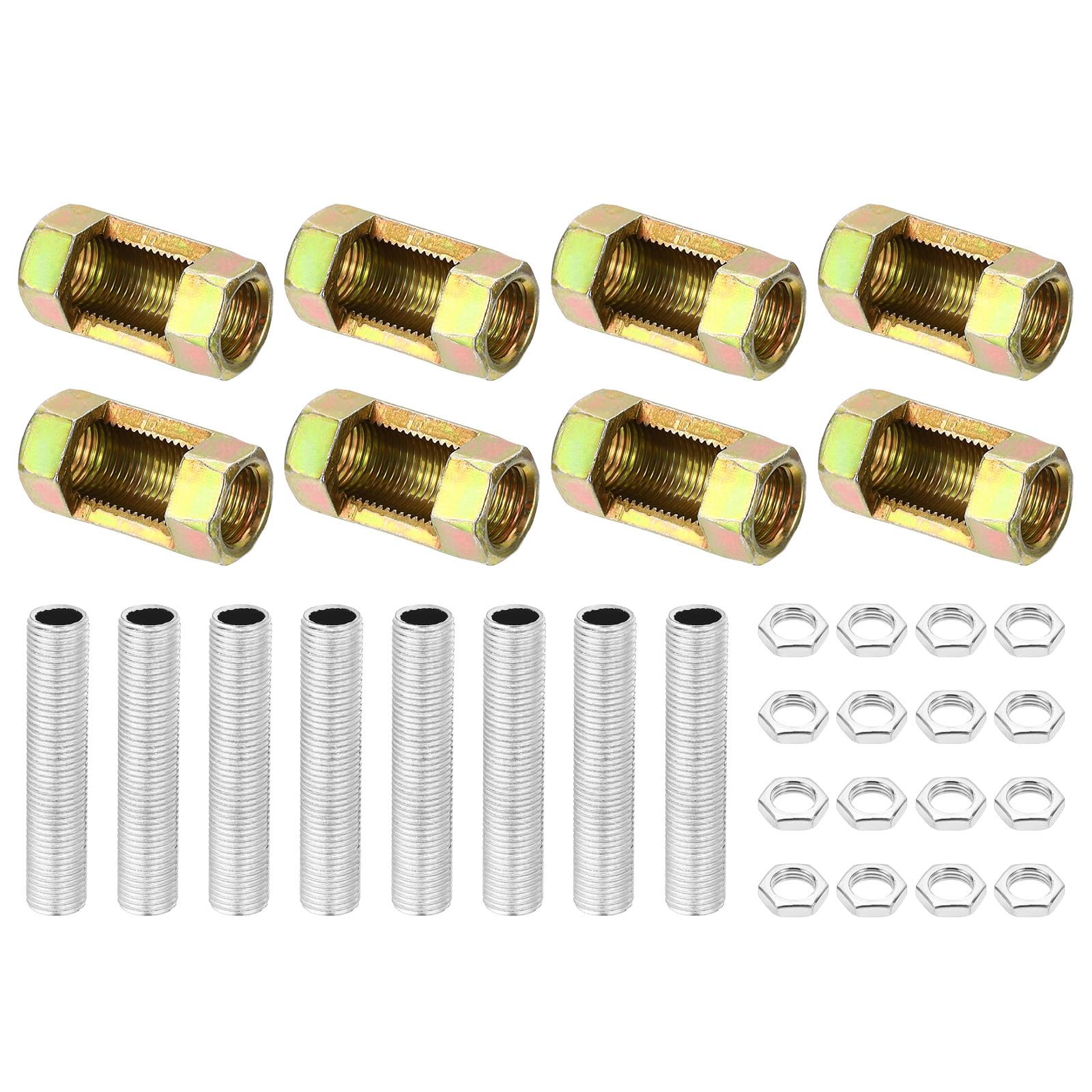 PATIKIL M10 Fine Thread Lamp Pipe Repair Parts Kits, 32 Pcs M10×30 Metal Hexagon Open Coupling Nut with Threaded Pipe and Hex Nut for Lights Extension Rod