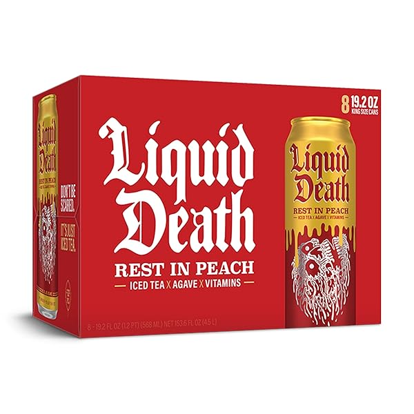 LIQUID DEATH, REST IN PEACH ICED TEA, 8-PACK (19.2OZ CANS), PEACH FLAVORED BACK TEA, LOW CALORIE, NO ARTIFICIAL SWEETENERS, B12 & B6 VITAMINS