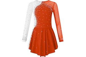 TSSOE Kids Girls Long Sleeves Glitter Rhinestone Figure Skating Dress Dance Performance Costume