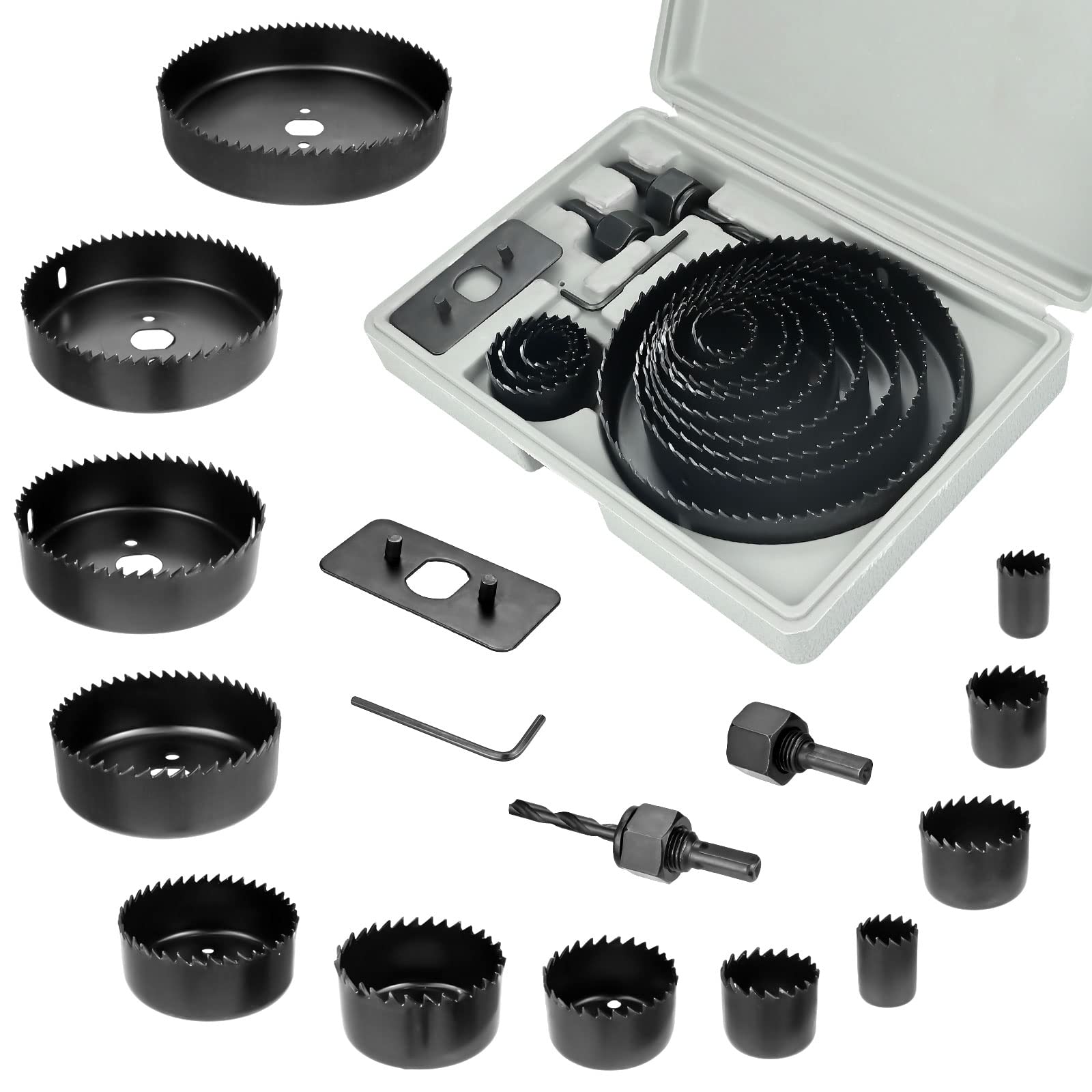 18 Pcs Hole Saw Set, 3/4" to 5" (19-127mm) Hole Saw with 2 Mandrels, 1 Installation Plate, and 1 Hex Key, for Wood, Plastic, PVC, and Drywall