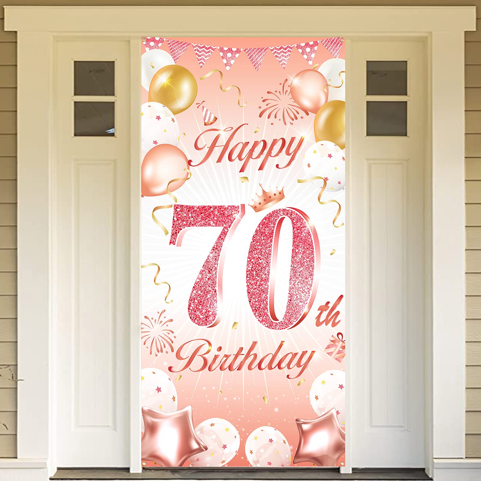 DPKOW Rose Gold 70th Birthday Party Decoration Woman, Rose Gold 70th Birthday Banner for Backdrop Door Decoration for Garden Table Wall, 185 x 90cm Fabric โ image 1