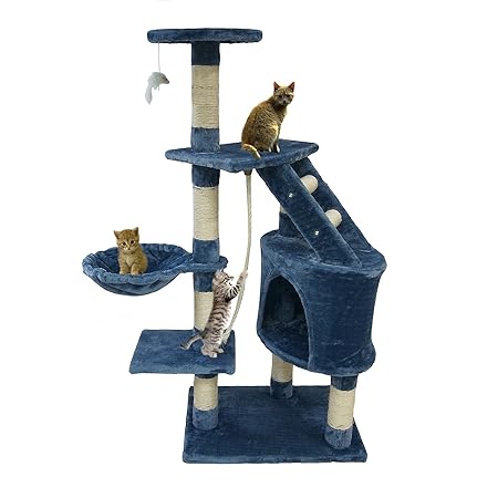 Todeco - Kratzbaum, Katzen Kletterbaum - Material: MDF - Abdeckmaterial : Samt - 120 cm, 5 Plattformen, Blau