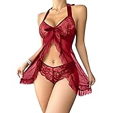 Foxiny Sexy Halter Open Front Ruffle Sheer Mesh Lace Babydoll Lingerie Dress with Thong 2 Piece