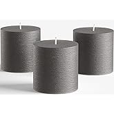 Set of 3 Pillar Candles 3" x 3" Unscented Handpoured Weddings, Home Decoration, Restaurants, Spa, Church Smokeless Cotton Wick - Dark Grey