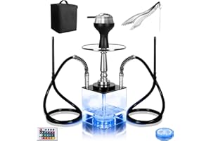 CALFVIC 2 Hose Hookah Set Dual-Hose Design with Silicone Hoses for Smooth Shared Smoking Experience with Lightweight Bag LED Light Ambiance for Social Gatherings, Bars, or Home Use(Small)