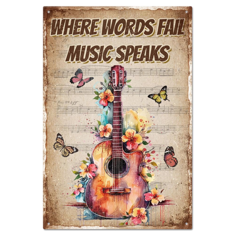 GLOBLELAND "Where Words Fall Music Speaks" Funny Guitar Music Metal Tin Sign 12x8in/30x20cm for Garage Garden Signs Art Plaque Poster Wall Decor for Home Kitchen Bar Club Coffee Shop