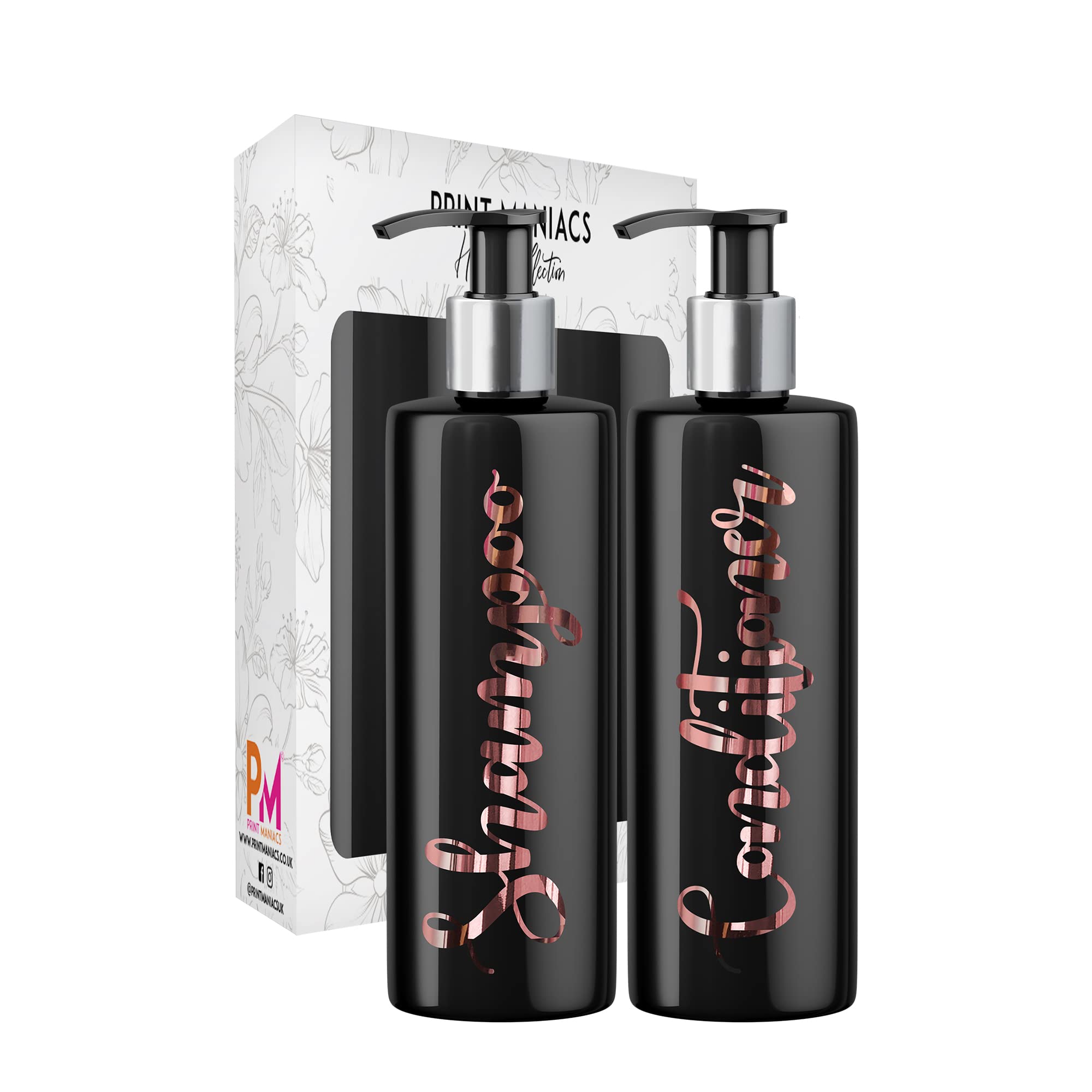 Print Maniacs 2 Set Mrs Hinch Inspired Black Personalised Dispenser Pump Bottles Shampoo Conditioner (Rose Gold)