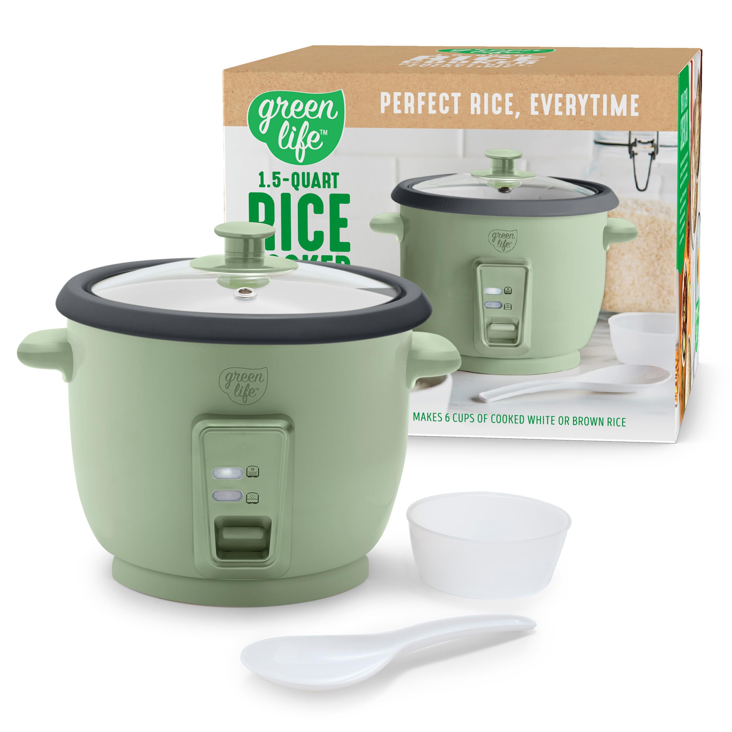 Photo 1 of GreenLife Rice Cooker with Removable PFAS-Free Nonstick Pot, 3-Cups Uncooked/6-Cups Cooked, One-Switch Design, Auto Keep Warm Function, Soup, Grains, Oatmeal, Wood Handle, Sage Green