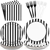 Grencian 96Pcs Black and White Striped Party Decorations Black and White Striped Party Plates Disposable 350GSM Striped Paper Tableware Set for Birthday Wedding Halloween Party, Serves 24