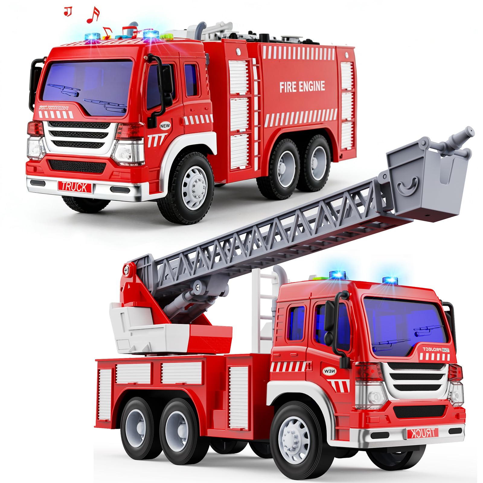 Fire Engine toys,2Pcs Fire Truck Toy,1:16 Fire Engine with Light/Sound/Extending Ladder,Friction Powered Fire Truck,Toy Fire Engine,Brithday for Children Age 3 4 5 6 7 8 Year Olds