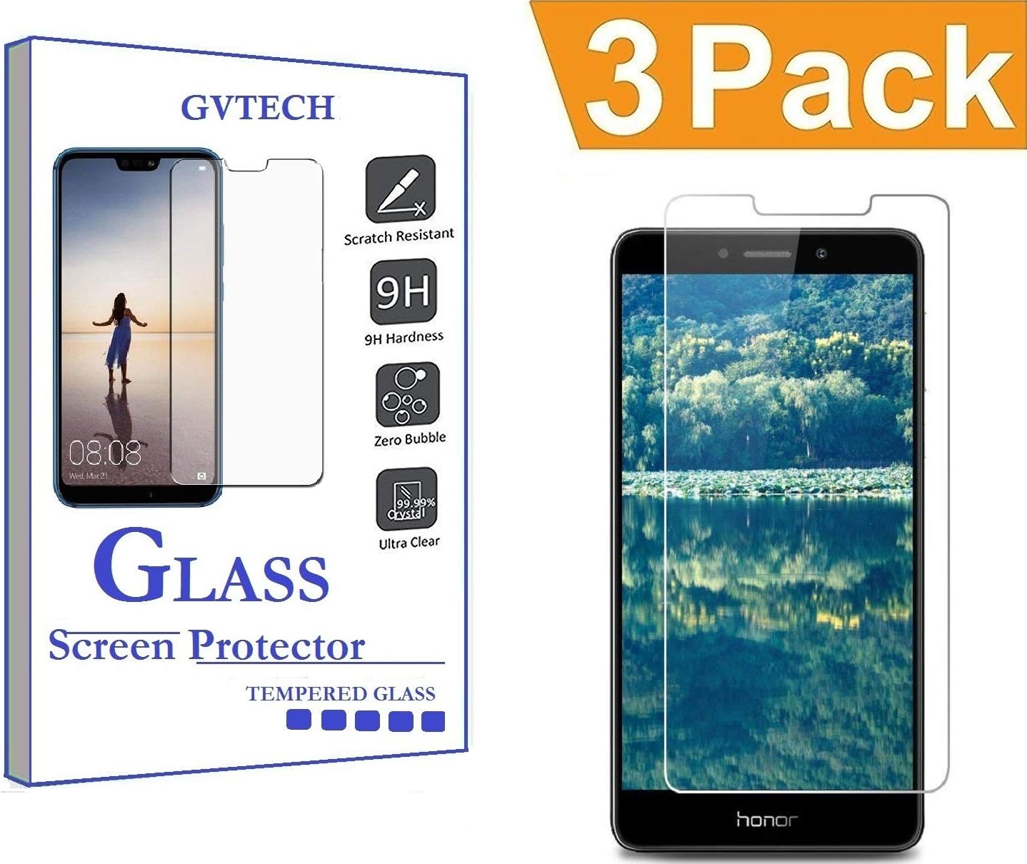 GVTECH Screen Protector for Huawei Honor 6X, Tempered Glass Screen Protector[0.3mm, 2.5D][Bubble-Free][9H Hardness][Easy Installation][HD Clear] for Huawei Honor 6X(3 Pack)