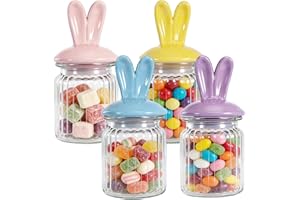 4 Pcs Easter Glass Jars with Ceramic Bunny Ear Lid - Airtight Candy Storage Canisters for Chocolate, Cookies, and Party Table